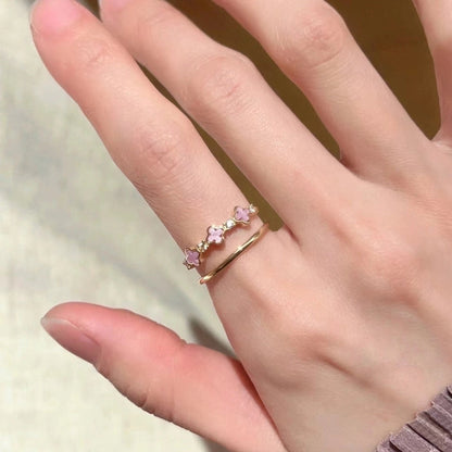 Copper Beaded Enamel Inlay Geometric Flower Butterfly Zircon Open Rings