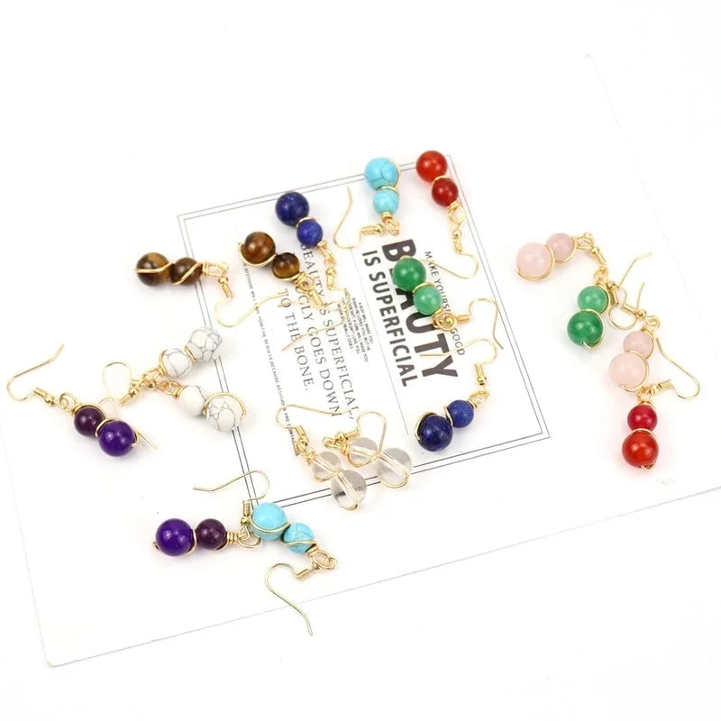 1 Pair Casual Pastoral Gourd Beaded Natural Stone Copper Drop Earrings