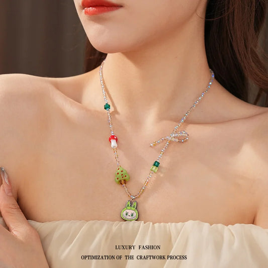 Dopamine Cartoon Christmas Tree Labubu Pendant Necklace Cute Fresh Collarbone Chain Fashion Versatile Necklace For Women