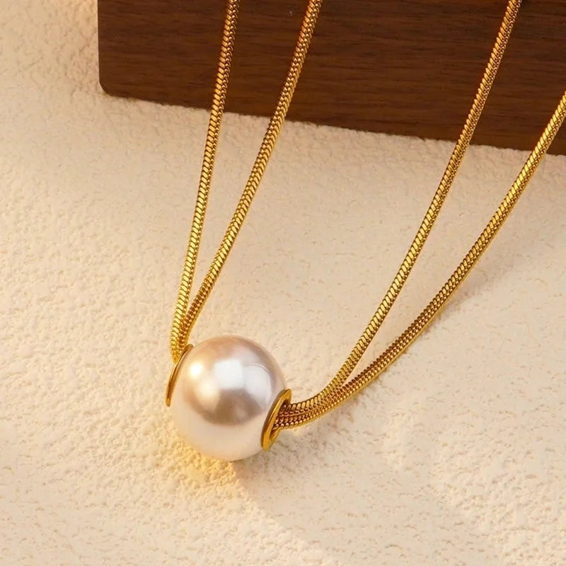 Elegant Luxurious Classic Style Ball 304 Stainless Steel 18K Gold Plated Pearl Necklace