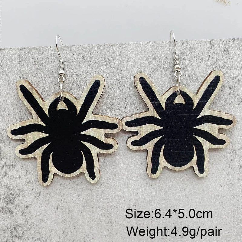 Funny Streetwear Halloween Pattern Spider Wood Drop Earrings