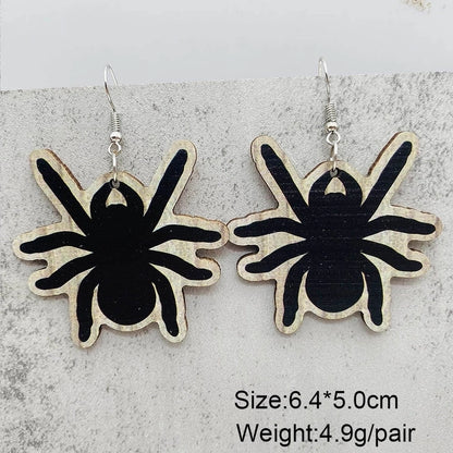 Funny Streetwear Halloween Pattern Spider Wood Drop Earrings