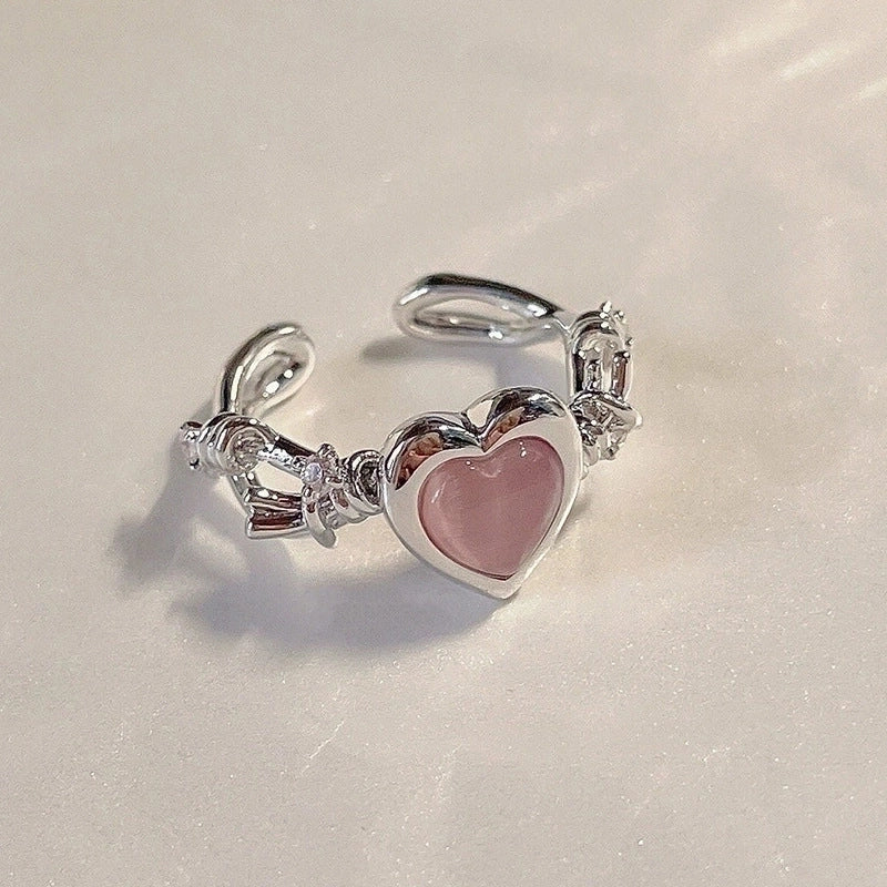 Sweet Geometric Heart Shape Bow Knot Copper Plating Inlay Zircon Open Rings