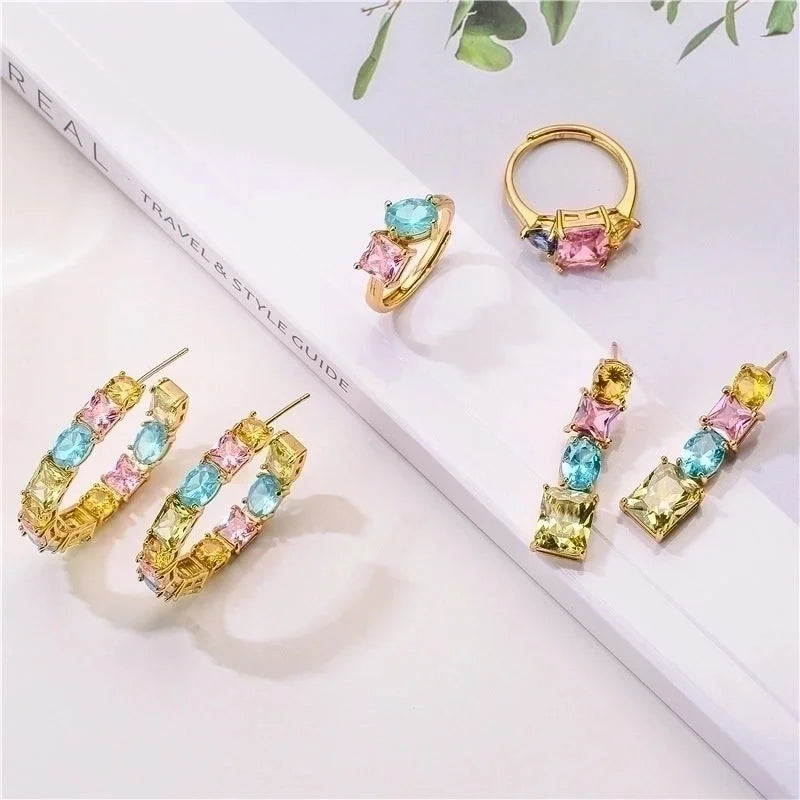 Sweet C Shape Square Water Droplets Copper Rings Earrings In Bulk