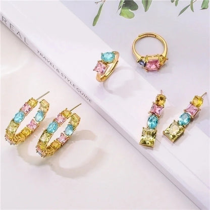 Sweet C Shape Square Water Droplets Copper Rings Earrings In Bulk