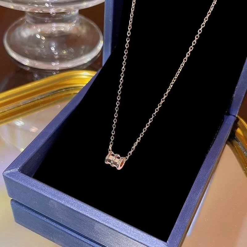 Elegant Classic Style Geometric Moon Bow Knot Titanium Steel Zircon Pendant Necklace