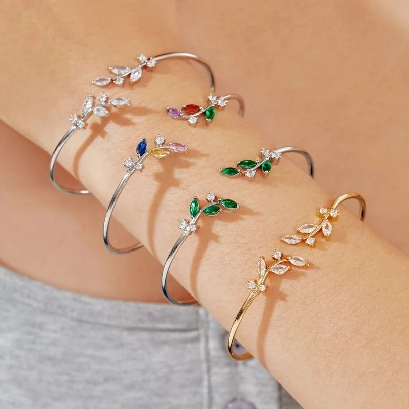 Copper K Gold Plated Shiny Metallic Inlay Geometric Leaf Zircon Bangle