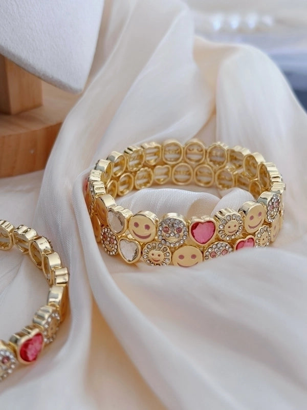 Alloy Inlay Smile Face Heart Shape Flower Artificial Diamond Copper Bracelets