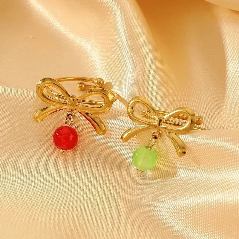 Sweet Minimalist Cherry Bow Knot 304 Stainless Steel Rings Earrings