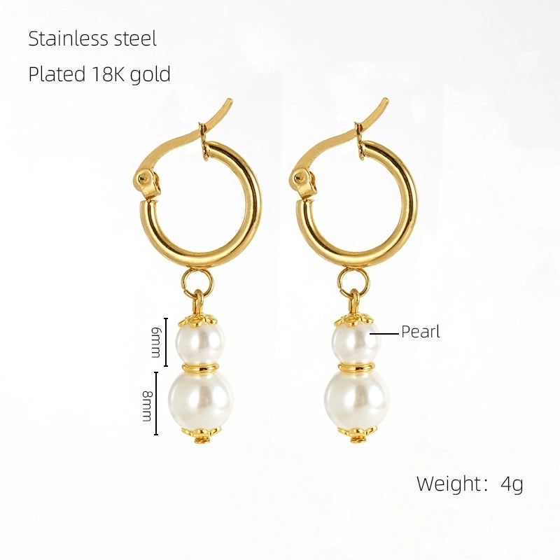 1 Pair Elegant Classical Round Pearl Plating 304 Stainless Steel 18K Gold Plated Drop Earrings