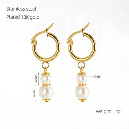 1 Pair Elegant Classical Round Pearl Plating 304 Stainless Steel 18K Gold Plated Drop Earrings