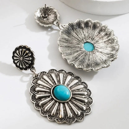 1 Pair Ethnic Style Classic Style Water Droplets Flower Inlay Alloy Turquoise Gold Plated Drop Earrings