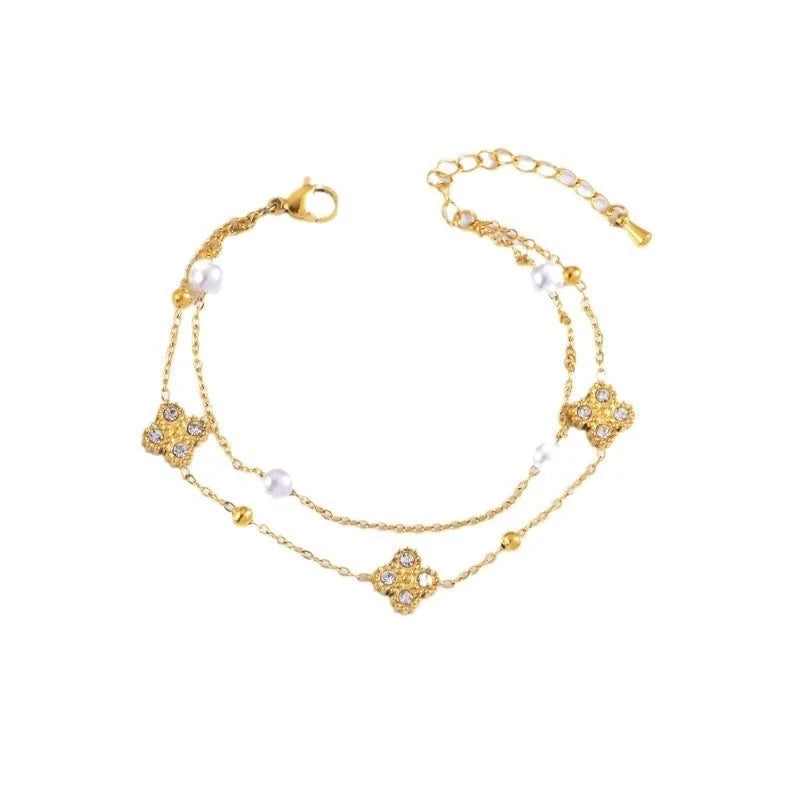 Elegant Four Leaf Clover 304 Stainless Steel Rhinestones Gold Plated Pearl Plating Inlay Bracelets Necklace Jewelry Set