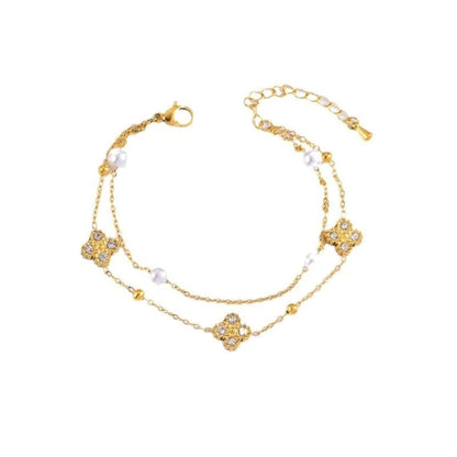 Elegant Four Leaf Clover 304 Stainless Steel Rhinestones Gold Plated Pearl Plating Inlay Bracelets Necklace Jewelry Set