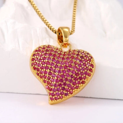 Hip-Hop Minimalist Shiny Heart Shape 304 Stainless Steel Copper Zircon 18K Gold Plated Inlay Pendant Necklace