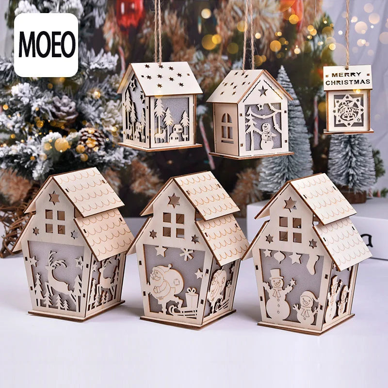 2 Pieces Christmas Decoration Christmas Glowing Wooden House Snow House Tree Decoration Pendant Diy Gift Window Display Wooden