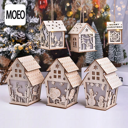 2 Pieces Christmas Decoration Christmas Glowing Wooden House Snow House Tree Decoration Pendant Diy Gift Window Display Wooden