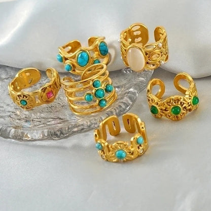 304 Stainless Steel 18K Gold Plated Minimalist Plating Inlay Round Natural Stone Open Rings