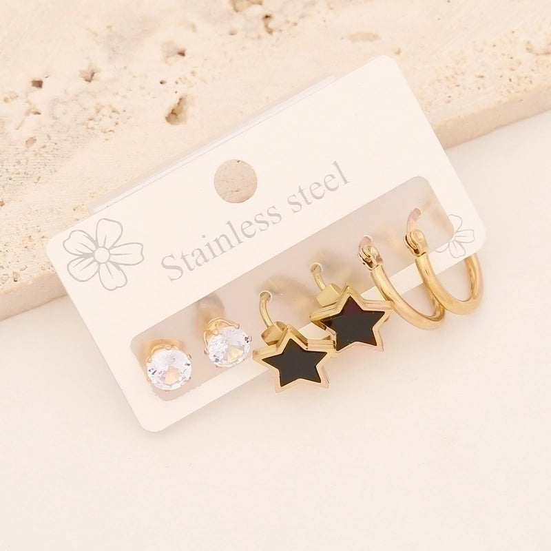 1 Set Casual Minimalist Pentagram Heart Shape Enamel Stainless Steel 18K Gold Plated Earrings Ear Studs