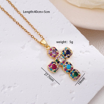 304 Stainless Steel Copper Inlay Cross Zircon Pendant Necklace