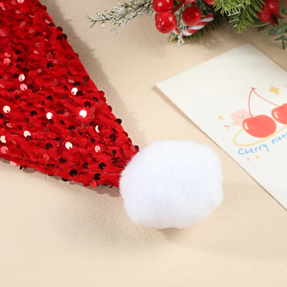 2 Pieces Christmas Plush Shiny Sequin Reversible Hat Thickened Holiday Party Decoration Hat