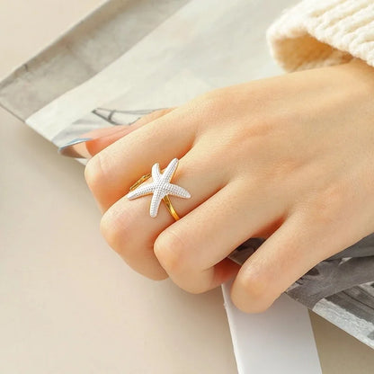 Casual Vacation Beach Starfish Swirl Pattern 304 Stainless Steel 14K Gold Plated Enamel Open Rings