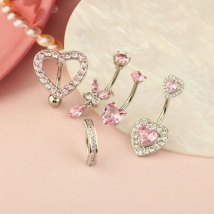 1 Piece 1 Set Belly Rings Hip-Hop Shiny Heart Shape 316L Stainless Steel Copper Inlay Zircon Belly Rings
