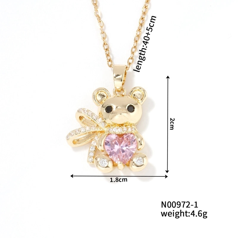 304 Stainless Steel Copper Rhodium Plated Inlay Bear Heart Shape Glass Zircon Pendant Necklace