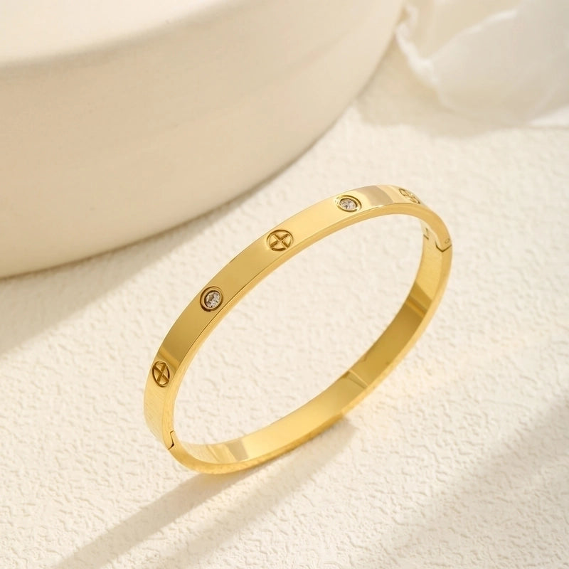 Casual Elegant Cross Heart Shape Flower Titanium Steel 18K Gold Plated Rhinestones Bangle In Bulk
