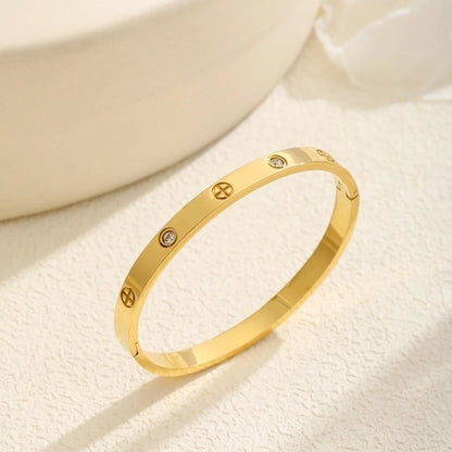 Casual Elegant Cross Heart Shape Flower Titanium Steel 18K Gold Plated Rhinestones Bangle In Bulk