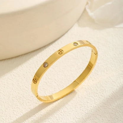 Casual Elegant Cross Heart Shape Flower Titanium Steel 18K Gold Plated Rhinestones Bangle In Bulk
