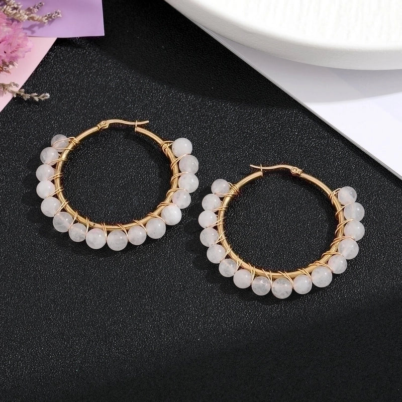 2 Pieces Retro Geometric Handmade Stainless Steel Natural Stone Earrings