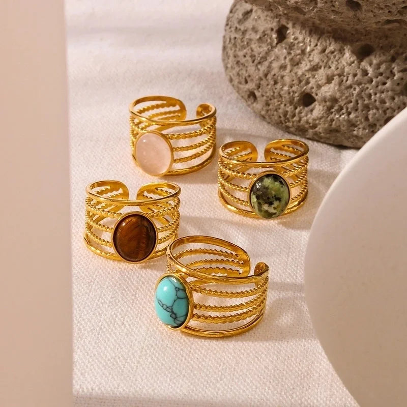 Vintage Style Modern Style Minimalist Oval 304 Stainless Steel Natural Stone 18K Gold Plated Hollow Out Inlay Open Rings