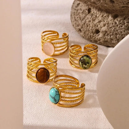 Vintage Style Modern Style Minimalist Oval 304 Stainless Steel Natural Stone 18K Gold Plated Hollow Out Inlay Open Rings