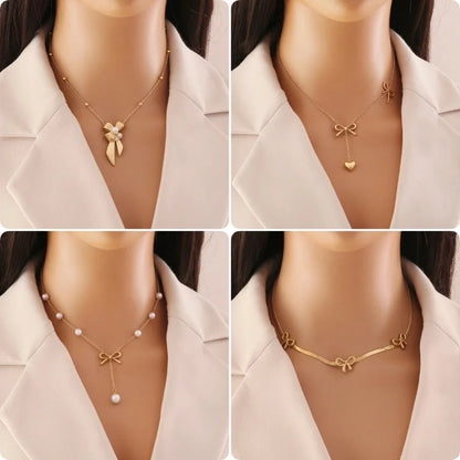 Elegant Streetwear Commute Heart Shape Bow Knot 304 Stainless Steel Artificial Pearls 18K Gold Plated Inlay Earrings Necklace Jewelry Set