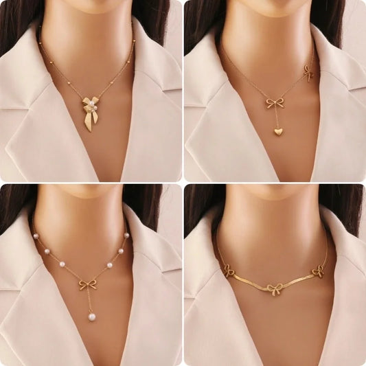 Elegant Streetwear Commute Heart Shape Bow Knot 304 Stainless Steel Artificial Pearls 18K Gold Plated Inlay Earrings Necklace Jewelry Set