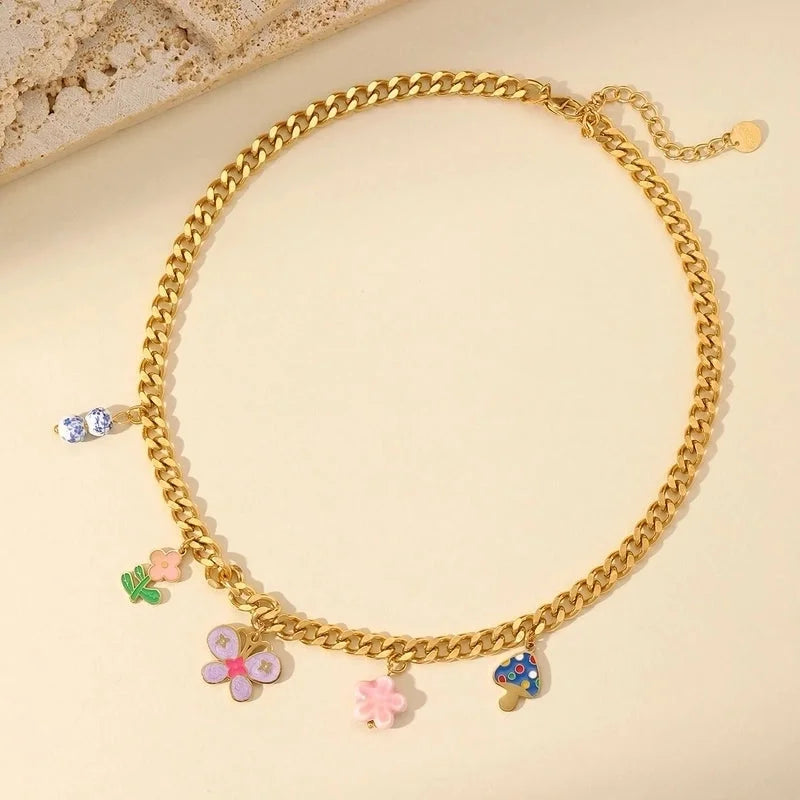 Cute Sweet Flower Mushroom Butterfly 304 Stainless Steel 18K Gold Plated Enamel Plating Multi Charms Necklace Bracelets Earrings