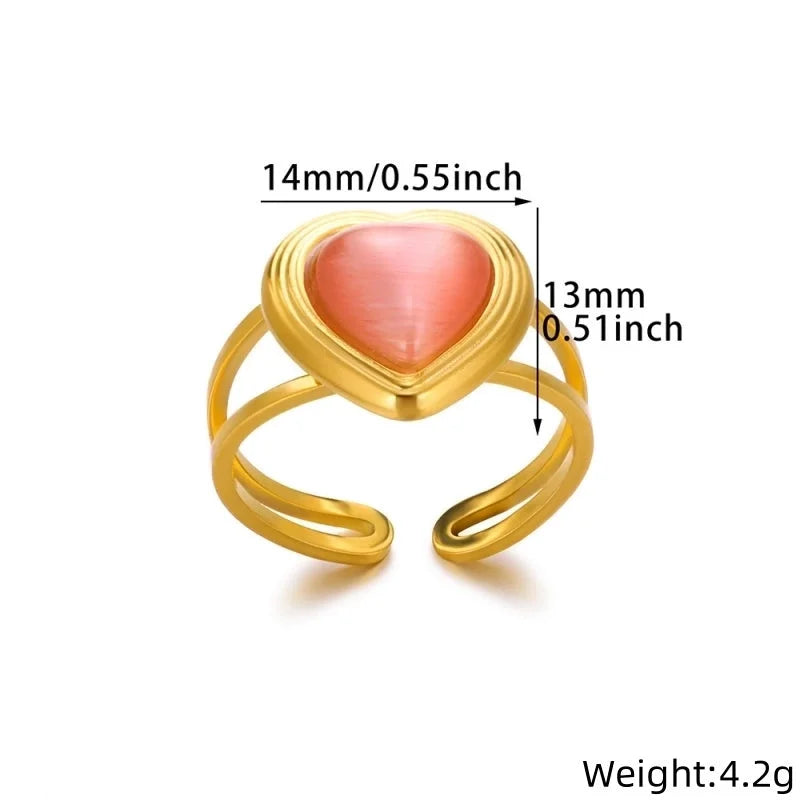 Elegant French Style Sweet Heart Shape 304 Stainless Steel Synthetic Gemstones Open Rings