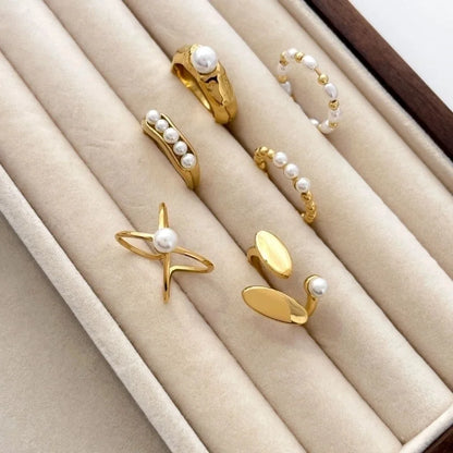 Retro French Style Geometric Titanium Steel Pearl Inlay Rings