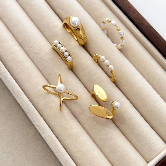 Retro French Style Geometric Titanium Steel Pearl Inlay Rings