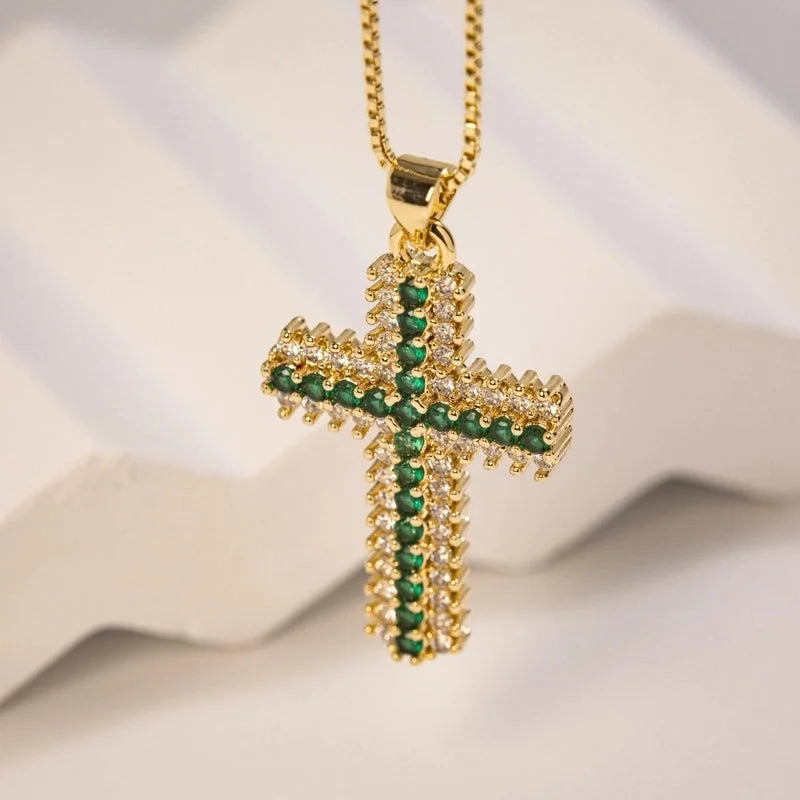 Copper 18K Gold Plated Inlaid Zircon Cross Zircon Pendant Necklace