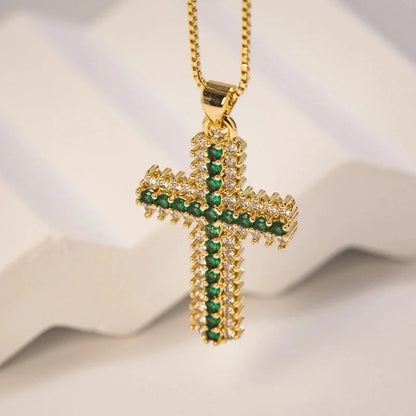 Copper 18K Gold Plated Inlaid Zircon Cross Zircon Pendant Necklace