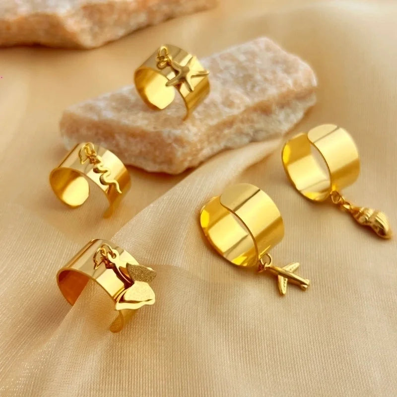 Casual Retro Minimalist Solid Color 304 Stainless Steel 18K Gold Plated Plating Hollow Out Open Rings