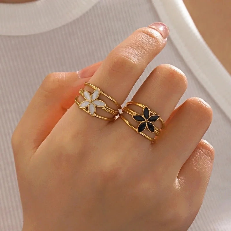 304 Stainless Steel 18K Gold Plated Minimalist Enamel Flower Open Rings