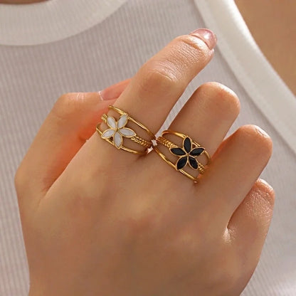304 Stainless Steel 18K Gold Plated Minimalist Enamel Flower Open Rings