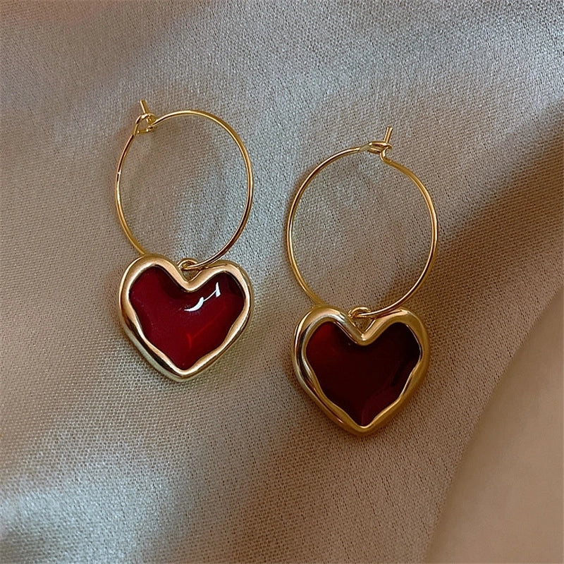 Korea New Fashion Wine Red Love Ear Ring Simple Elegant Internet Celebrity Distinctive Earrings Ear Jewelry