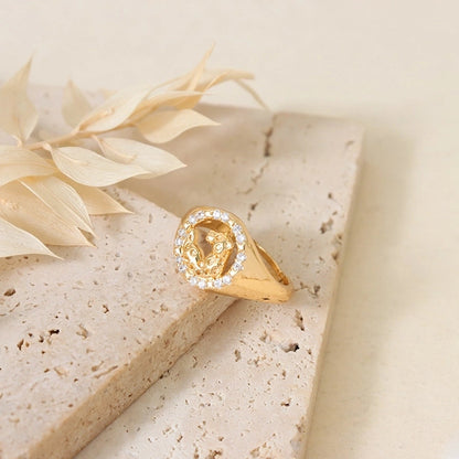 Sweet Round Copper Plating Inlay Rhinestones 18k Gold Plated Open Rings