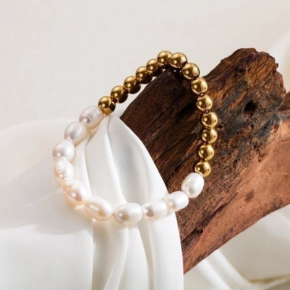 Minimalist Classic Style Round Stainless Steel Freshwater Pearl Irregular Beaded 18k Gold Plated Bracelets