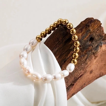 Minimalist Classic Style Round Stainless Steel Freshwater Pearl Irregular Beaded 18k Gold Plated Bracelets