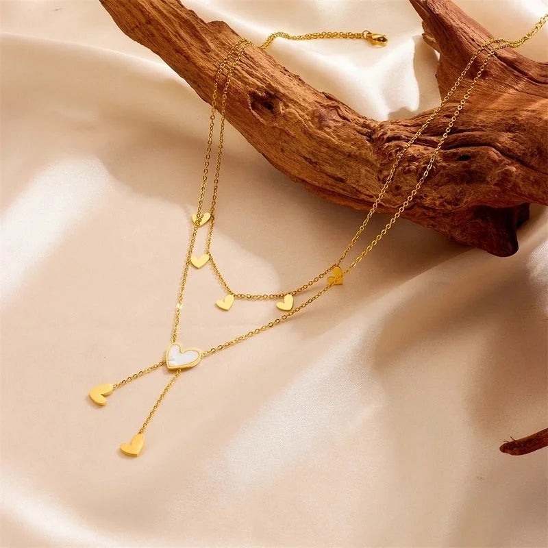 Elegant Minimalist Heart Shape Titanium Steel Acrylic Shell 18K Gold Plated Inlay Anklet Necklace